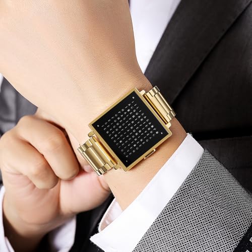 Gosasa Men’s Square Word-Matrix LED Watch Read Time in Words 30 m Waterproof Big Face Date Wristwatch Vintage Luxury Business Dress Timepiece Stainless Steel or Leather Strap Gift for Men - Image 4