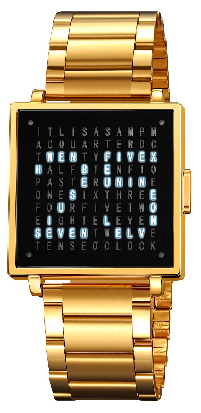 Gosasa Men’s Square Word-Matrix LED Watch Read Time in Words 30 m Waterproof Big Face Date Wristwatch Vintage Luxury Business Dress Timepiece Stainless Steel or Leather Strap Gift for Men - Image 1