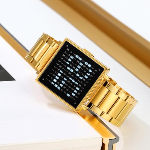 Gosasa Men’s Square Word-Matrix LED Watch Read Time in Words 30 m Waterproof Big Face Date Wristwatch Vintage Luxury Business Dress Timepiece Stainless Steel or Leather Strap Gift for Men - Image 2
