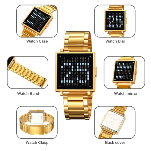 Gosasa Men’s Square Word-Matrix LED Watch Read Time in Words 30 m Waterproof Big Face Date Wristwatch Vintage Luxury Business Dress Timepiece Stainless Steel or Leather Strap Gift for Men - Image 5