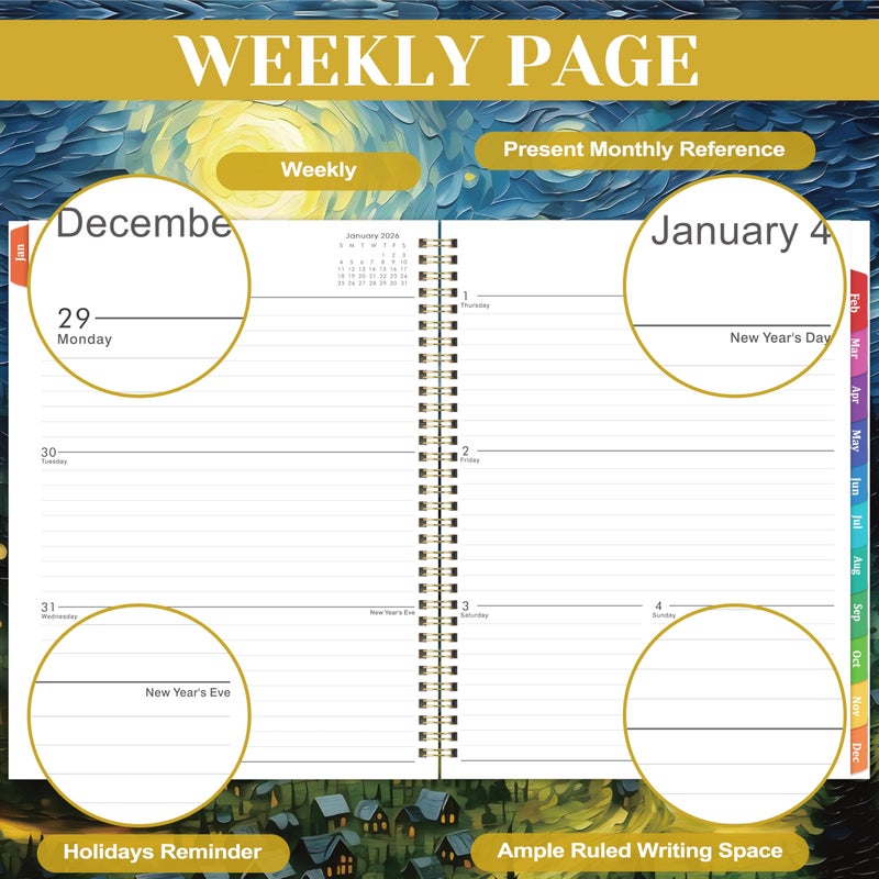 Journaltastic 2026 Planner - 2026 Planner Weekly and Monthly, Planner 2026, Jan 2026 - Dec 2026, 8.5" x 11", Monthly Planners with Colourful Tabs & Pocket, Flexible Cover, Twin-Wire Binding- Oil Painting - Image 5