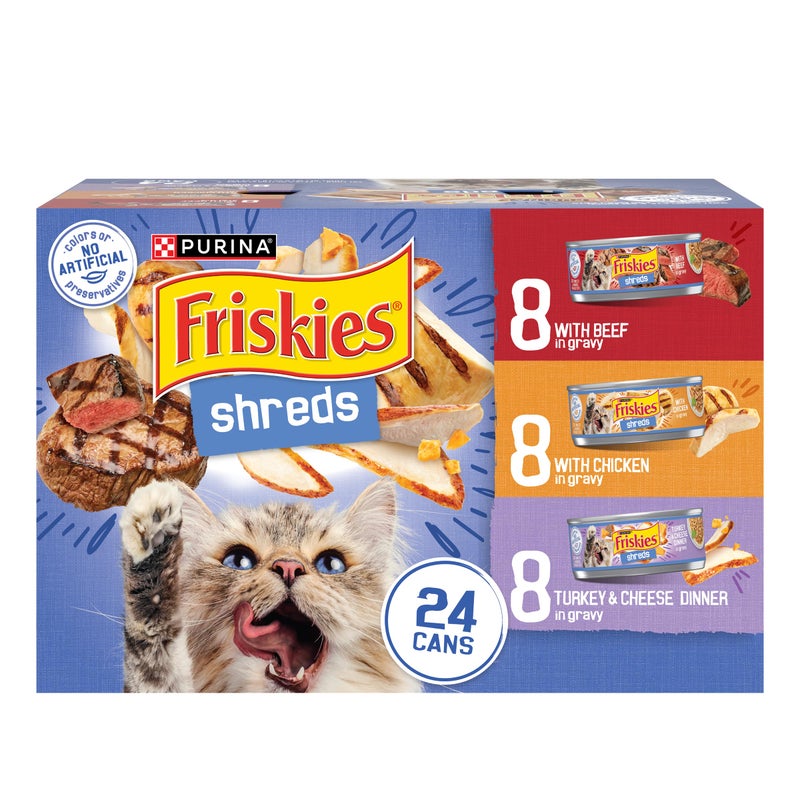 Friskies Purina Friskies Gravy Wet Cat Food Variety Pack, Shreds With Beef, With Chicken, and Turkey and Cheese Dinner - (Pack of 24) 5.5 oz. Cans - Image 1