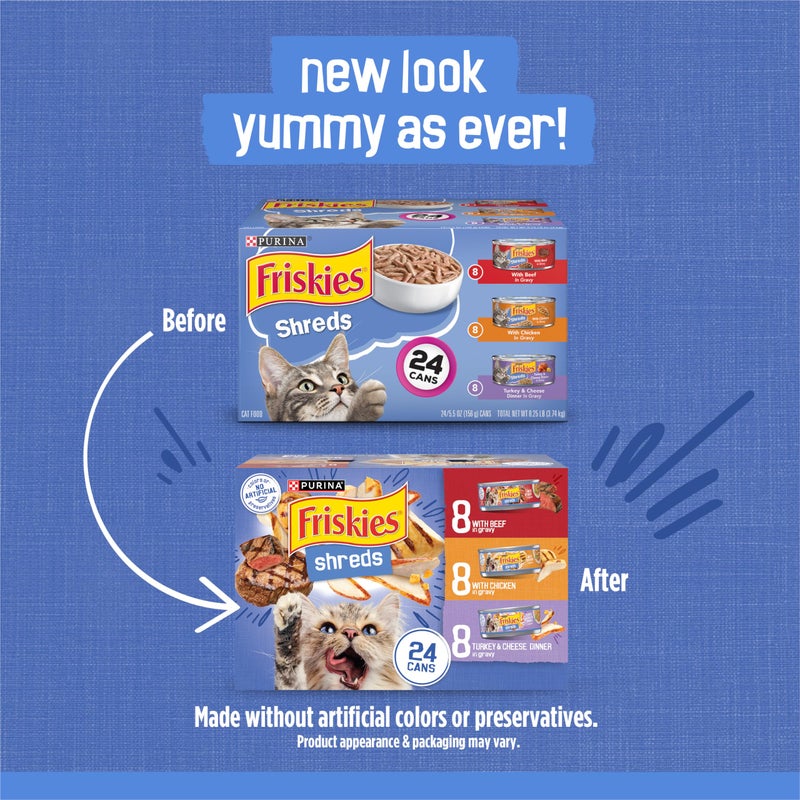 Friskies Purina Friskies Gravy Wet Cat Food Variety Pack, Shreds With Beef, With Chicken, and Turkey and Cheese Dinner - (Pack of 24) 5.5 oz. Cans - Image 2