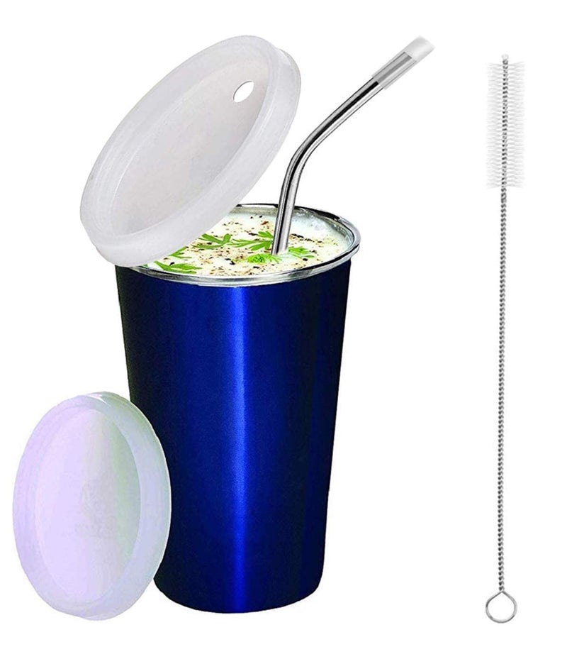 KIDINGTON Stainless Steel Sipper Glass with Straw for Kids with Airtight Lid 370 ML Blue Glass with Brush - Image 1