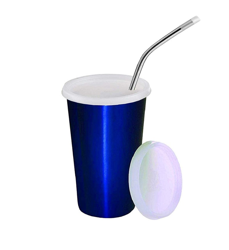 KIDINGTON Stainless Steel Sipper Glass with Straw for Kids with Airtight Lid 370 ML Blue Glass with Brush - Image 2
