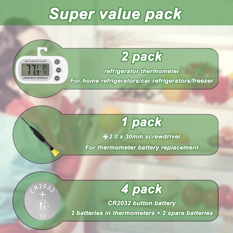 Serundo Auto Refrigerator Thermometer Waterproof Fridge and Freezer Thermometer Digital Large LCD Screen Thermometer for Refrigerator with Stand and Magnetic Back 2pck with Screwdriver - Image 2