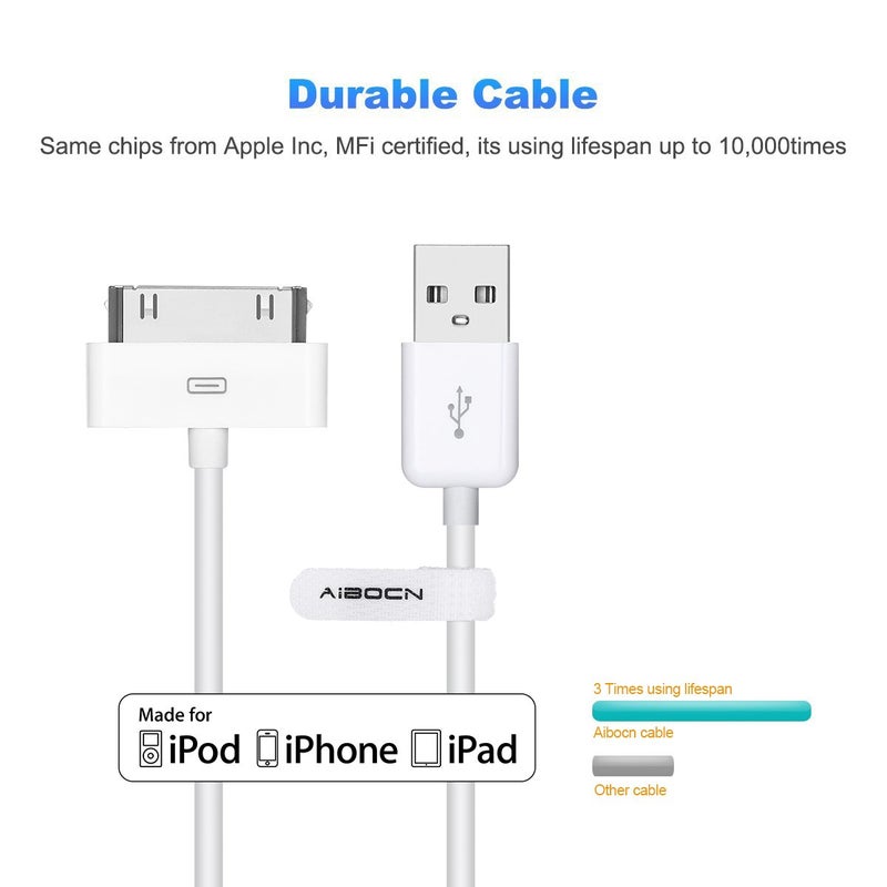 Aibocn كابل دوك للشحن والمزامنة 30 دبوس معتمد من Aibocn MFi لجهاز iPhone 4 4S / iPad 1 2 3 / iPod Nano / iPod Touch - أبيض - Image 2