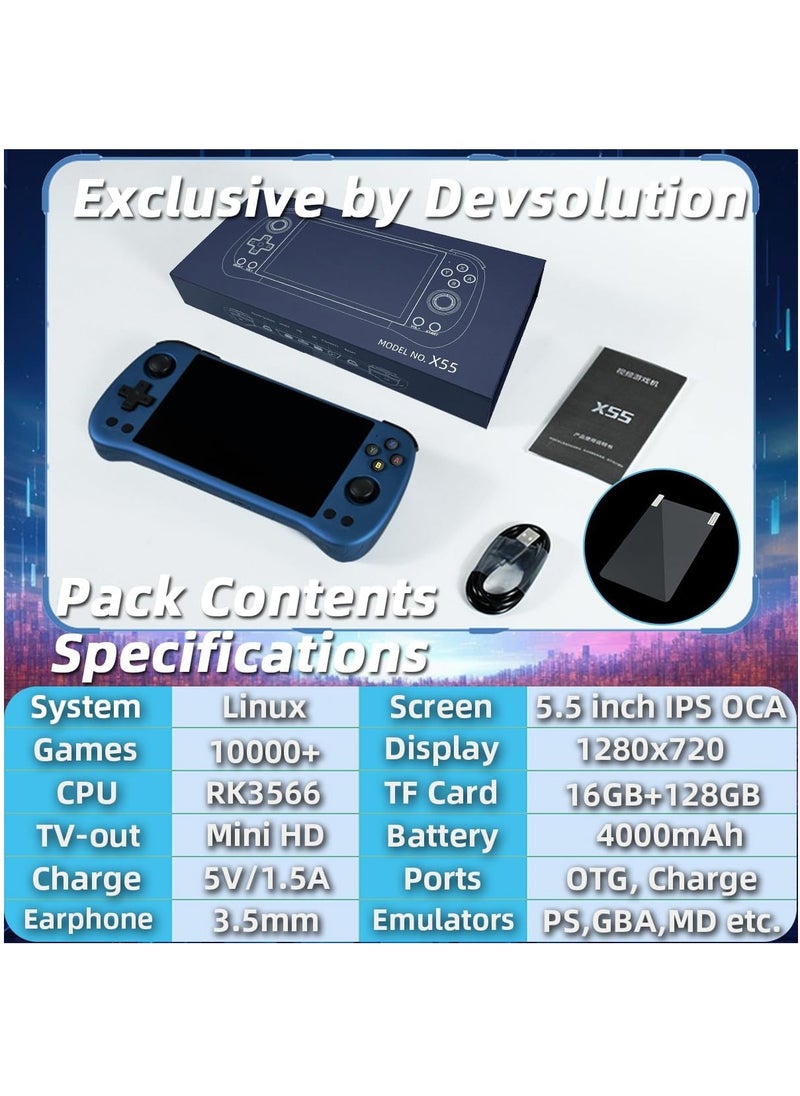 Powkiddy - X55 Handheld Game Console 5.5 inch Portable Retro Video Hand-Held Games Consoles Rechargeable RK3566 Hand Held Classic Play System 16GB+128GB (Blue) - Image 1