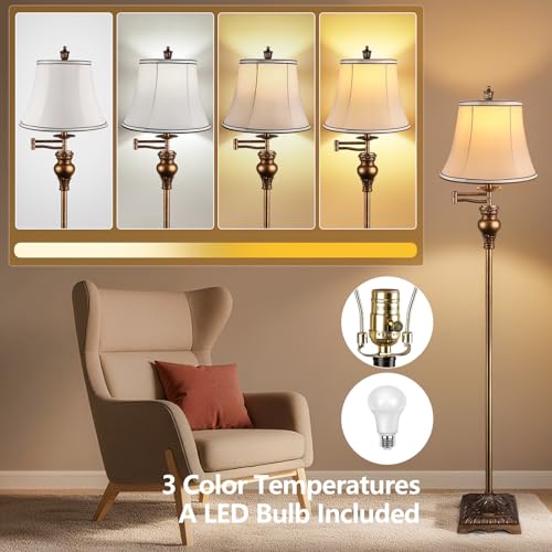 PARTPHONER Vintage Floor Lamps for Living Room,Traditional 350° Adjustable Swing Arm Farmhouse Floor Lamp for Bedroom, Rustic Standing Lamp Pole Lamps for Reading, Home Décor and Office,Bronze Gold - Image 4