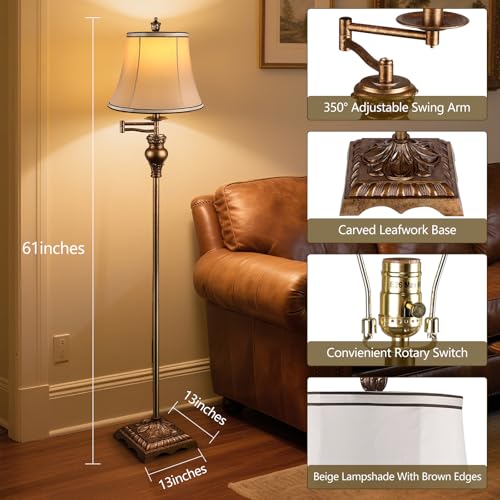 PARTPHONER Vintage Floor Lamps for Living Room,Traditional 350° Adjustable Swing Arm Farmhouse Floor Lamp for Bedroom, Rustic Standing Lamp Pole Lamps for Reading, Home Décor and Office,Bronze Gold - Image 2