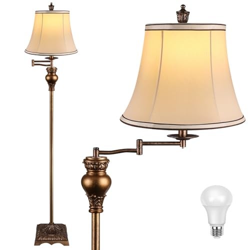PARTPHONER Vintage Floor Lamps for Living Room,Traditional 350° Adjustable Swing Arm Farmhouse Floor Lamp for Bedroom, Rustic Standing Lamp Pole Lamps for Reading, Home Décor and Office,Bronze Gold - Image 1