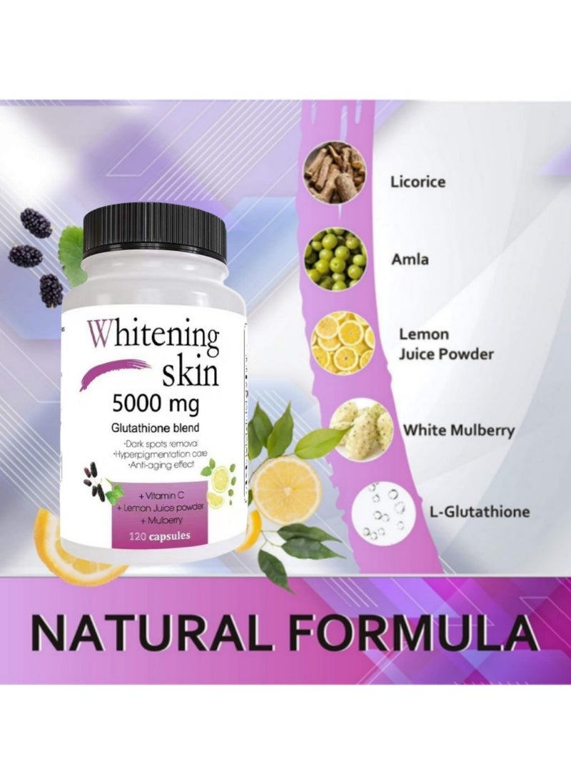 SKIN Glutathione Whitening Pills - Dark Spots & Acne Scar Remover - 5000mg - Vegan Skin Bleaching Pills with Anti-Aging & Antioxidant Effect - 120 Capsules  - Image 2
