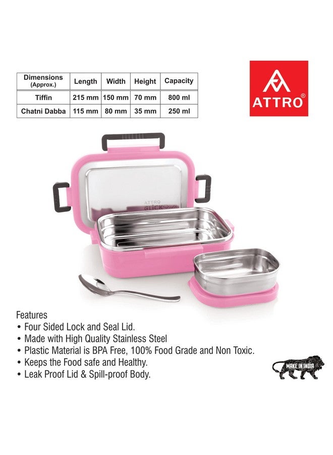 Attro Click Style Stainless Steel Insulated Airtight Leak-Proof Lunch Box for Office, School, Picnic, 800 Ml- Pink - Image 4