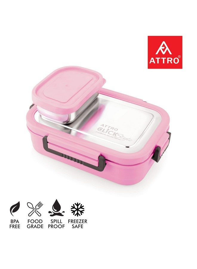 Attro Click Style Stainless Steel Insulated Airtight Leak-Proof Lunch Box for Office, School, Picnic, 800 Ml- Pink - Image 2