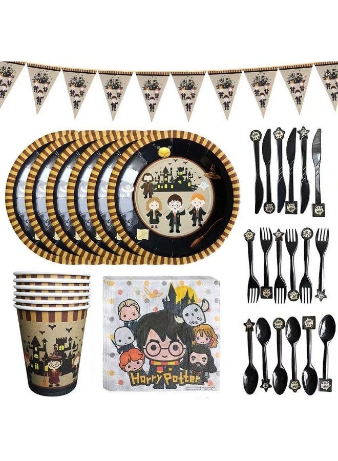 Kidzilla 92 PCS Harry Potter Birthday Party Supplies Kit for Kids – Wizard Theme Party Decorations Set with Plates, Cups, Napkins, Banner, Tablecloth, Straws & Cutlery - Image 1