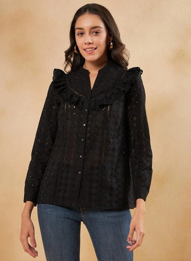 Femmella Femmella Schiffli Ruffle Detail Notch Neck Top