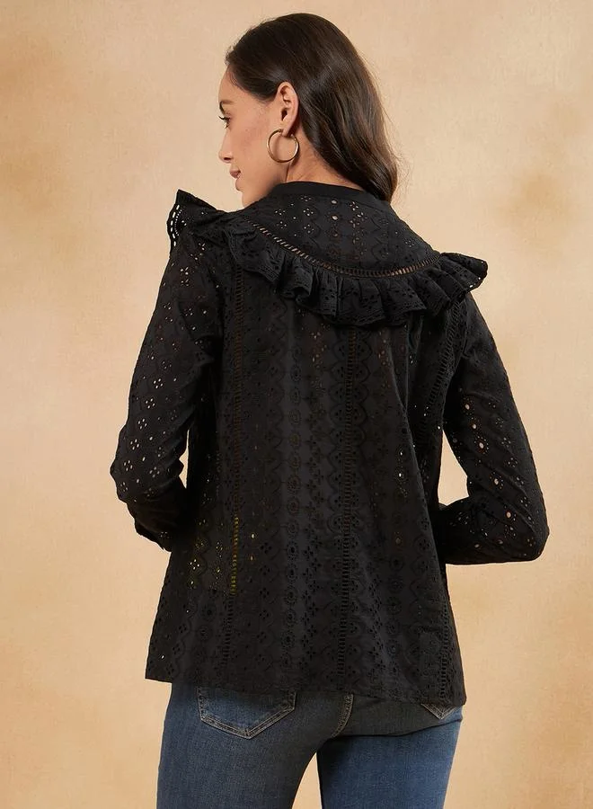 Femmella Femmella Schiffli Ruffle Detail Notch Neck Top