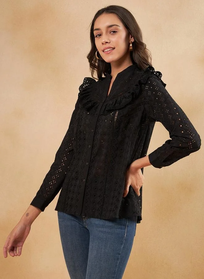 Femmella Femmella Schiffli Ruffle Detail Notch Neck Top