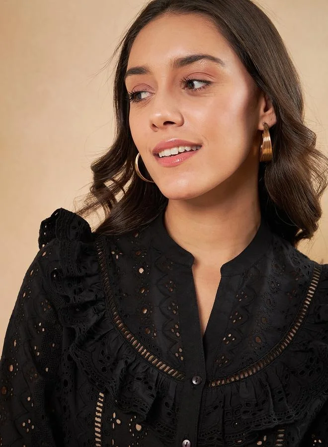 Femmella Femmella Schiffli Ruffle Detail Notch Neck Top