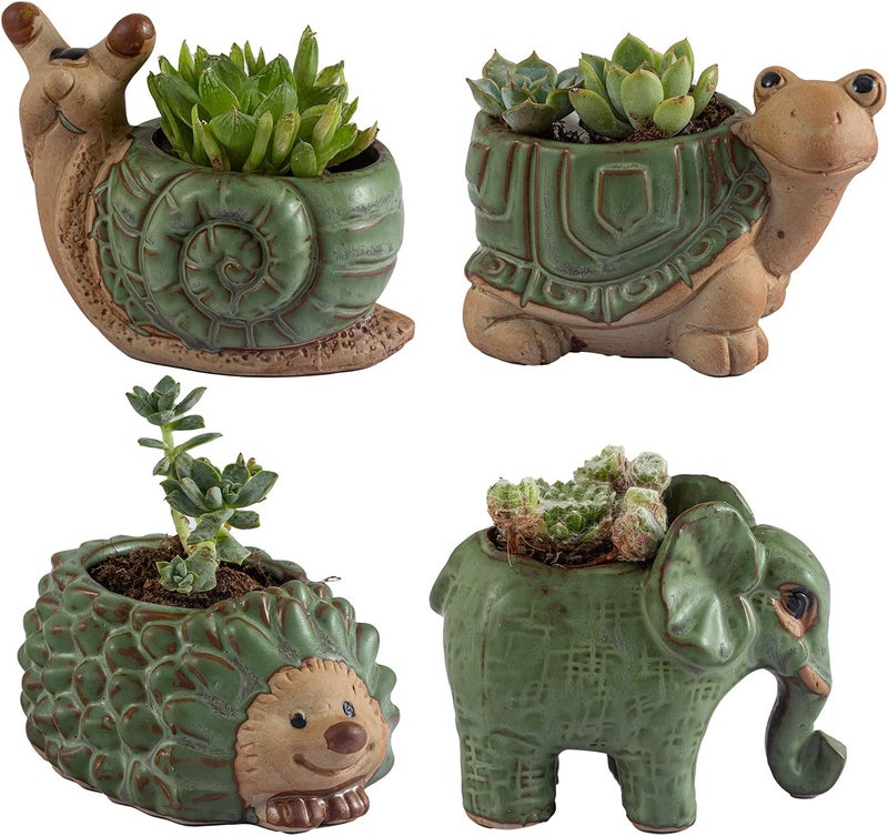 godealio Small Succulent Pots with Drainage, Ceramic Animal Planter, Indoor Plant, Cute Cactus/Bonsai Flower Pots for Home Decor and Office Desk Decoration, A Set of 4 Pieces is Suitable as A Gift - Image 1