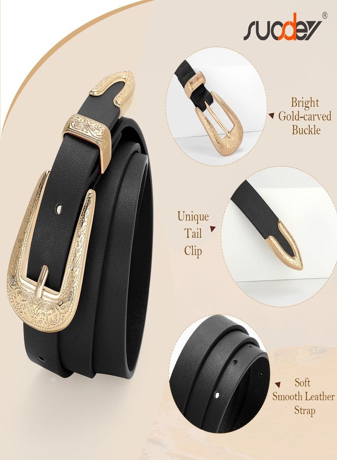 سوزدي حزام جلدي غربي رفيع من SUOSDEY للنساء، بتصميم رعاة البقر، مزود بإبزيم محفور، مناسب للجينز والفساتين، عرض 0.8 بوصة، أسود - Image 3
