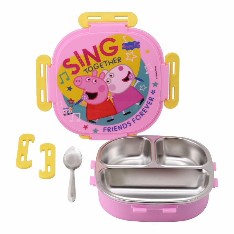 SKi Homeware SKI Baker Steel Lunch Box for Kids, 3 Compartment Insulated School Tiffin with Spoon, Leak-Proof, BPA Free, Bento Box for Boys & Girls, Birthday Gifts, Party Favours - Peppa Pig - Image 3