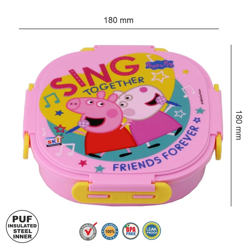 SKi Homeware SKI Baker Steel Lunch Box for Kids, 3 Compartment Insulated School Tiffin with Spoon, Leak-Proof, BPA Free, Bento Box for Boys & Girls, Birthday Gifts, Party Favours - Peppa Pig - Image 2