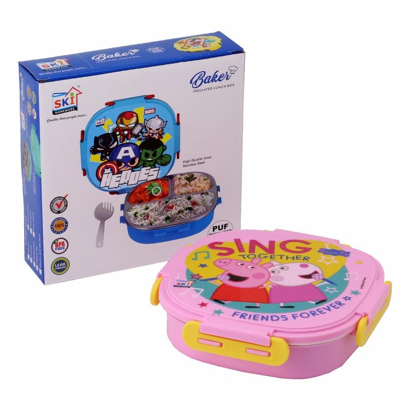 SKi Homeware SKI Baker Steel Lunch Box for Kids, 3 Compartment Insulated School Tiffin with Spoon, Leak-Proof, BPA Free, Bento Box for Boys & Girls, Birthday Gifts, Party Favours - Peppa Pig - Image 5