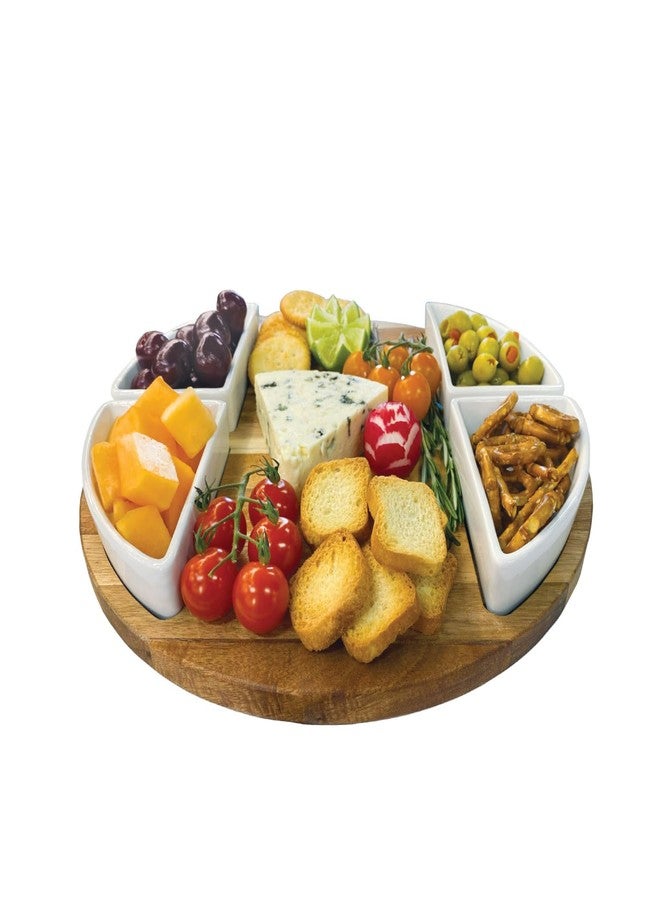 JS Gourmet Acacia Cheese Board with 4 Ceramic Bowls and 2 Gold Cheese Knives, Round Charcuterie Board Ideal for Effortless Entertaining and Elegant Serving - Image 1