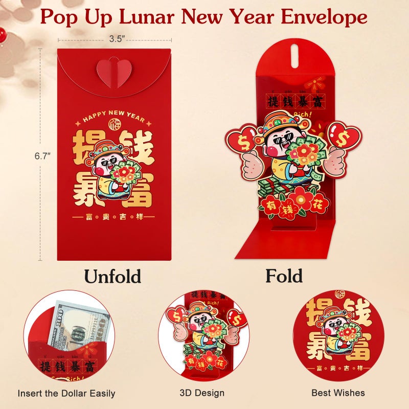 D4DREAM Lunar New Year Gift Set 2026, 3D Rotating Zodiac Sign Turntable Chinese New Year Greeting Card & Pop-Up Horse Red Money Envelope - Wish You Success & Luck - Image 3