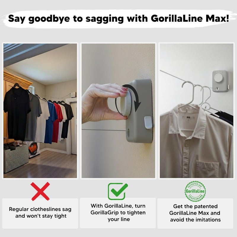 GorillaLine Max - Retractable Clothesline Indoor Outdoor Clothes Line - Heavy Duty Clothes Drying Laundry Line - Wall Mounted Drying Rack - Air Dry Clothing - Max Tighten with GorillaGrip - Image 3