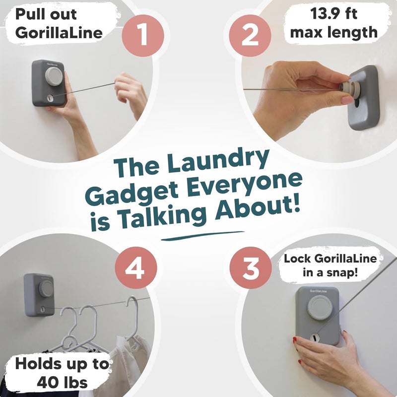 GorillaLine Max - Retractable Clothesline Indoor Outdoor Clothes Line - Heavy Duty Clothes Drying Laundry Line - Wall Mounted Drying Rack - Air Dry Clothing - Max Tighten with GorillaGrip - Image 2