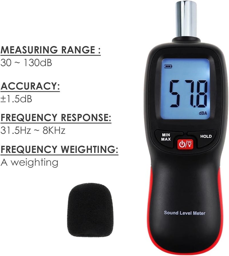 مقياس مستوى الصوت الرقمي، جهاز اختبار الديسيبل 30-130 ديسيبل، مراقبة ضوضاء الصوت بشاشة LCD مضاءة - Image 5