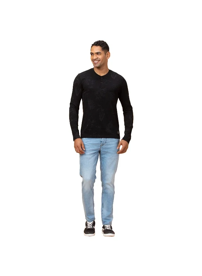 بيينغ هيومان Mens Black Sulpher Henley Neckline with Buttons Long Sleeve T-Shirt