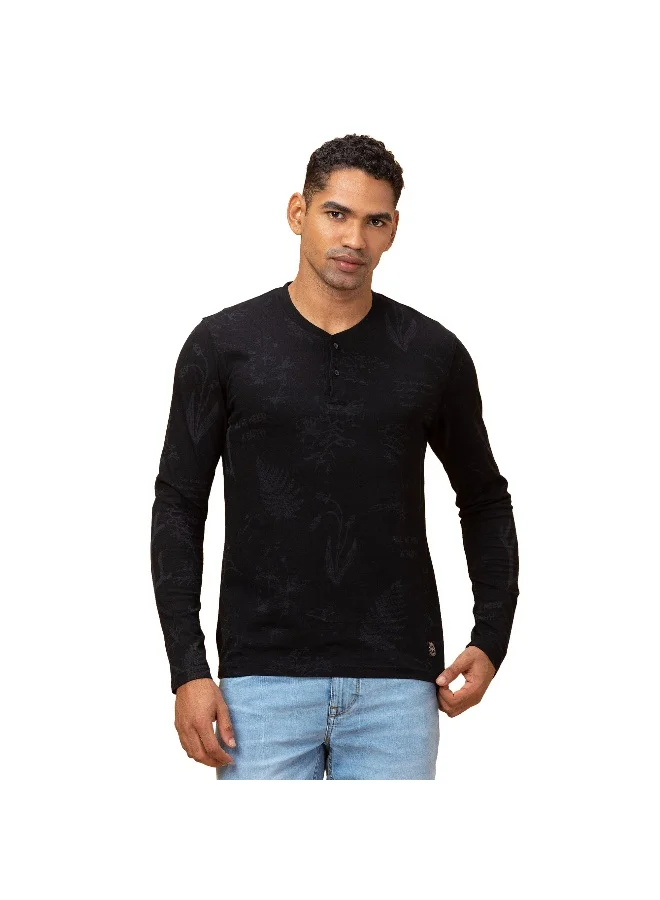 بيينغ هيومان Mens Black Sulpher Henley Neckline with Buttons Long Sleeve T-Shirt