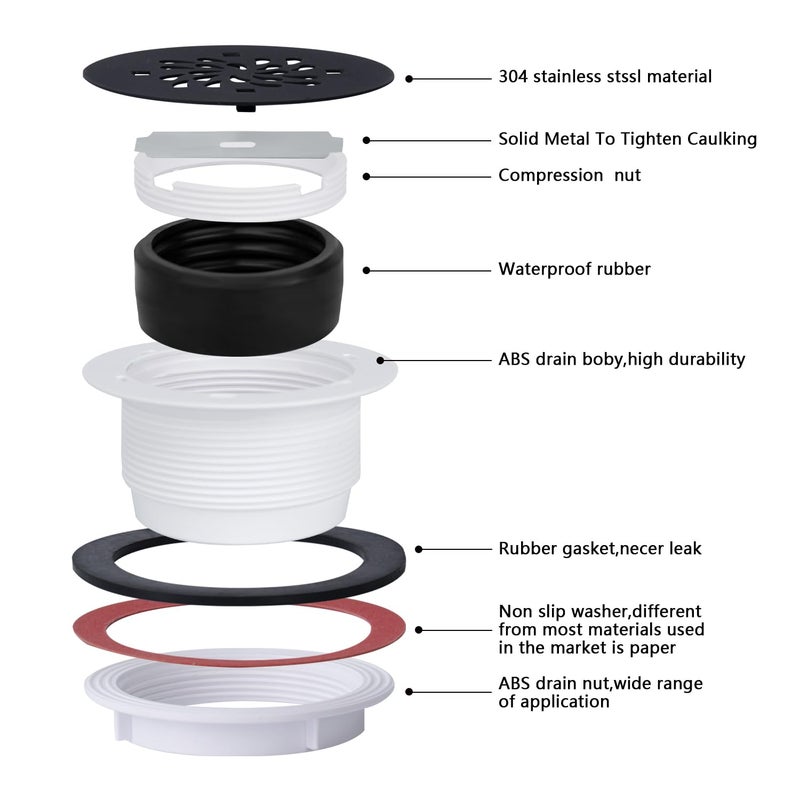 Uni-Green 4-1/4 Inch Round Shower Drain - 2"" No Caulk Pvc Compression Shower Drain 304 Stainless Steel With Waterproof Rubber - Matte Black Strainer For Bathroom - For Shower Base Shower Pan - Image 2