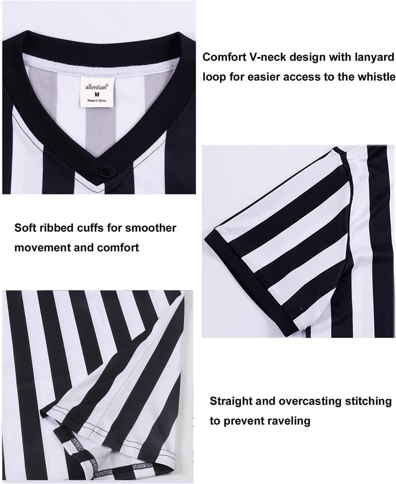 allentian Men's Referee Shirt - Official Black & White Stripe Referee/Umpire Jersey – Pro-Style V-Neck Referee Uniform, Basketball, Football, Soccer (L) - Image 4