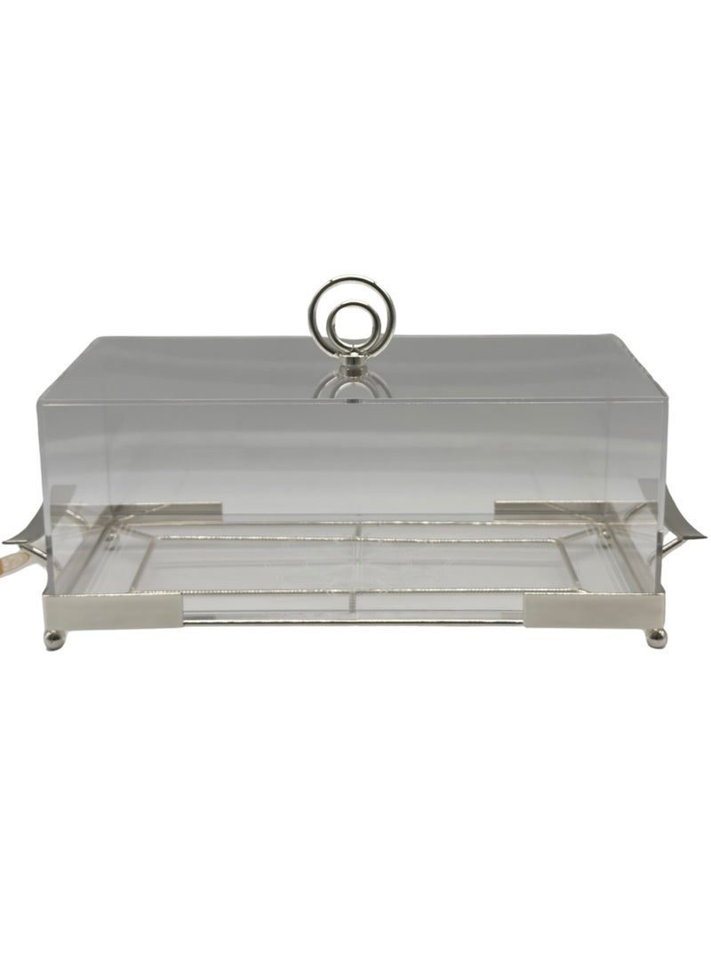 AL-GANNAS Medium Size Rectangular Cake Tray | Silver Stainless Steel Top on Acrylic Base | Elegant Serving Dish for Desserts & Pastries - Image 1