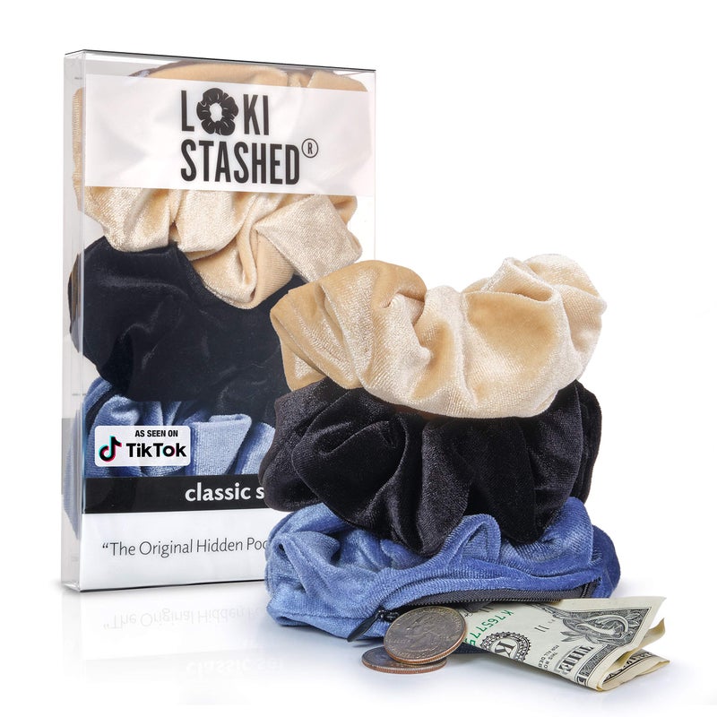LokiStashed 3-Pack Velvet Hair Tie Scrunchies for Girls & Women, The Original Hidden Pocket Scrunchie with Zipper Pocket Storage, Accessories, Small Items, Keys, Money - Navy, Tan, Black Color - Image 1