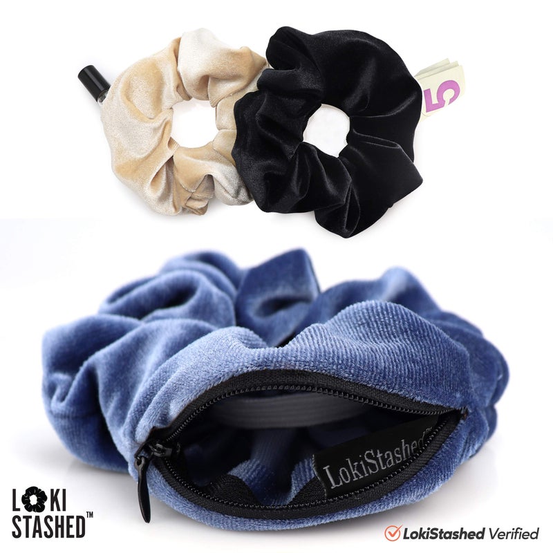 LokiStashed 3-Pack Velvet Hair Tie Scrunchies for Girls & Women, The Original Hidden Pocket Scrunchie with Zipper Pocket Storage, Accessories, Small Items, Keys, Money - Navy, Tan, Black Color - Image 3