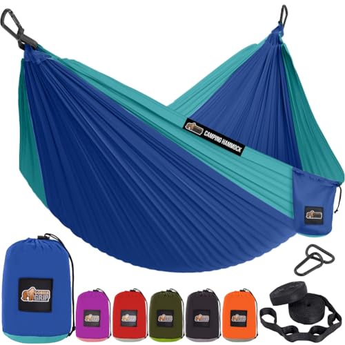 GORILLA GRIP Durable Camping Hammock with Heavy Duty Tree Straps Portable Hammocks for Outside Easy to Use Travel Swing Chair Outdoor Camper Hiker Essentials Backpacking Gear Gifts Double Blue - Image 1