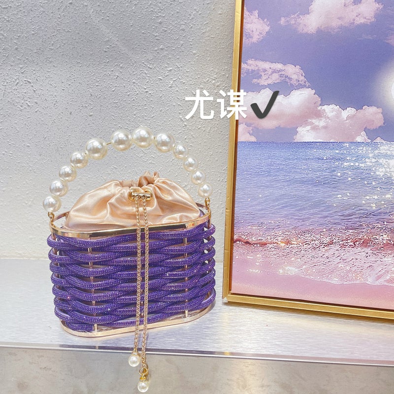 Metal Hollow Shiny Colorful Rhinestone Vegetable Basket Bird Cage Bag Banquet Diamond Bucket Bag Clutch Messenger Bag - Image 1