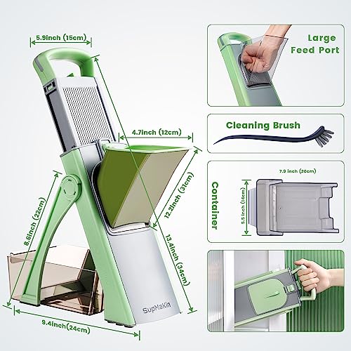SupMaKin Upgrade Safe Mandoline Slicer for Kitchen, SupMaKin Bigger Entrance Vegetable Food Slice Potato Slicer Chopper, Adjustable Thickness Multi Mandolin, Julienne + Dicer Kitchen Must Haves Green - Image 4