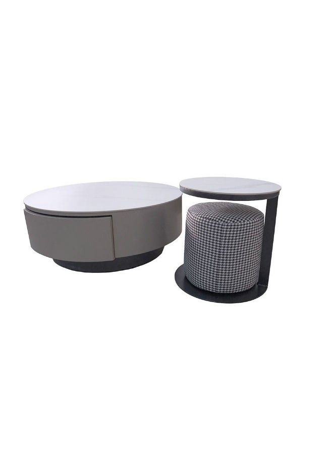 DANUBE HOME Velarion Set Of 2 Round Coffee Table With Stool Multifunctional Table Space Saving Center Table Modern Design Furniture For Home Living Room - White/Grey  - Image 4