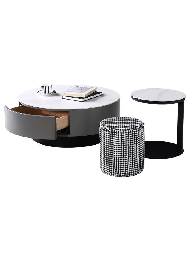 DANUBE HOME - Velarion Set Of 2 Round Coffee Table With Stool Multifunctional Table Space Saving Center Table Modern Design Furniture For Home Living Room - White/Grey - Image 1