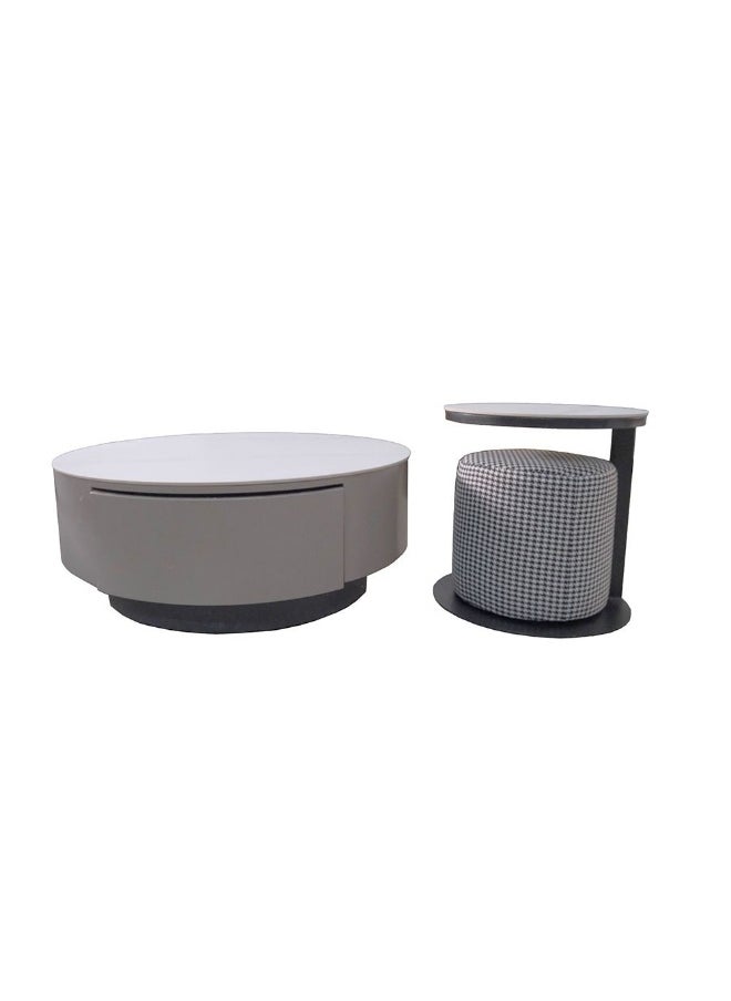 DANUBE HOME - Velarion Set Of 2 Round Coffee Table With Stool Multifunctional Table Space Saving Center Table Modern Design Furniture For Home Living Room - White/Grey - Image 1