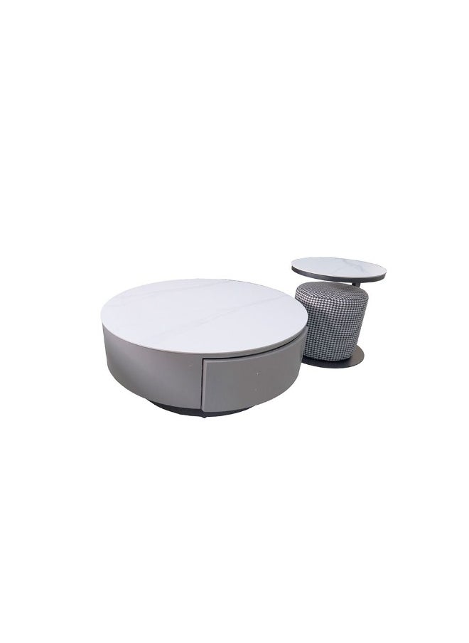 DANUBE HOME Velarion Set Of 2 Round Coffee Table With Stool Multifunctional Table Space Saving Center Table Modern Design Furniture For Home Living Room - White/Grey  - Image 2