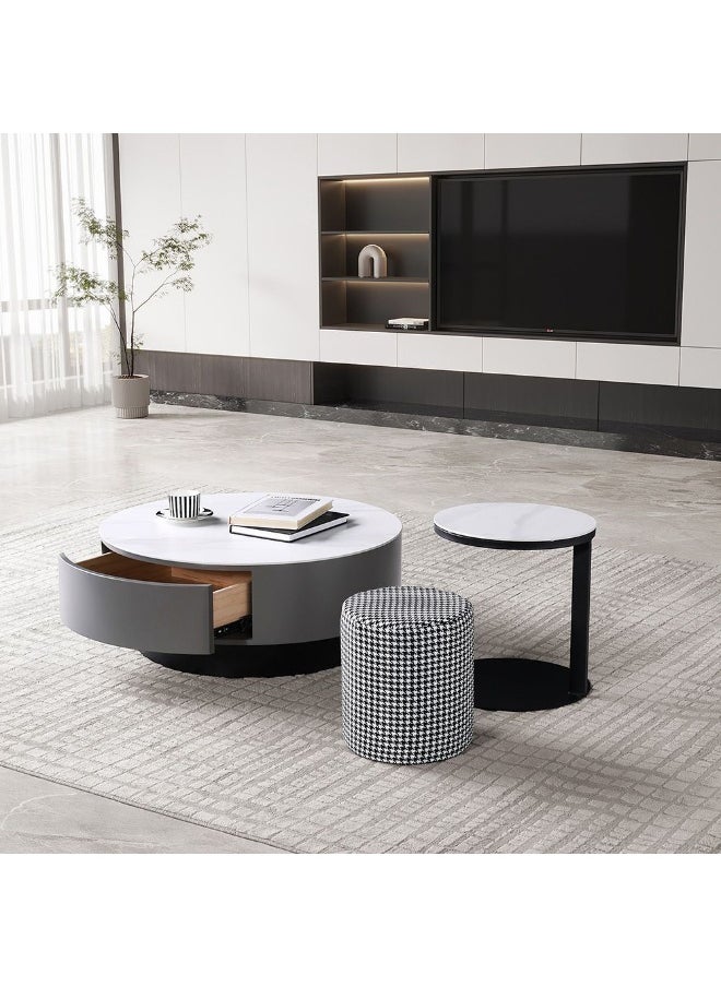 DANUBE HOME Velarion Set Of 2 Round Coffee Table With Stool Multifunctional Table Space Saving Center Table Modern Design Furniture For Home Living Room - White/Grey  - Image 5