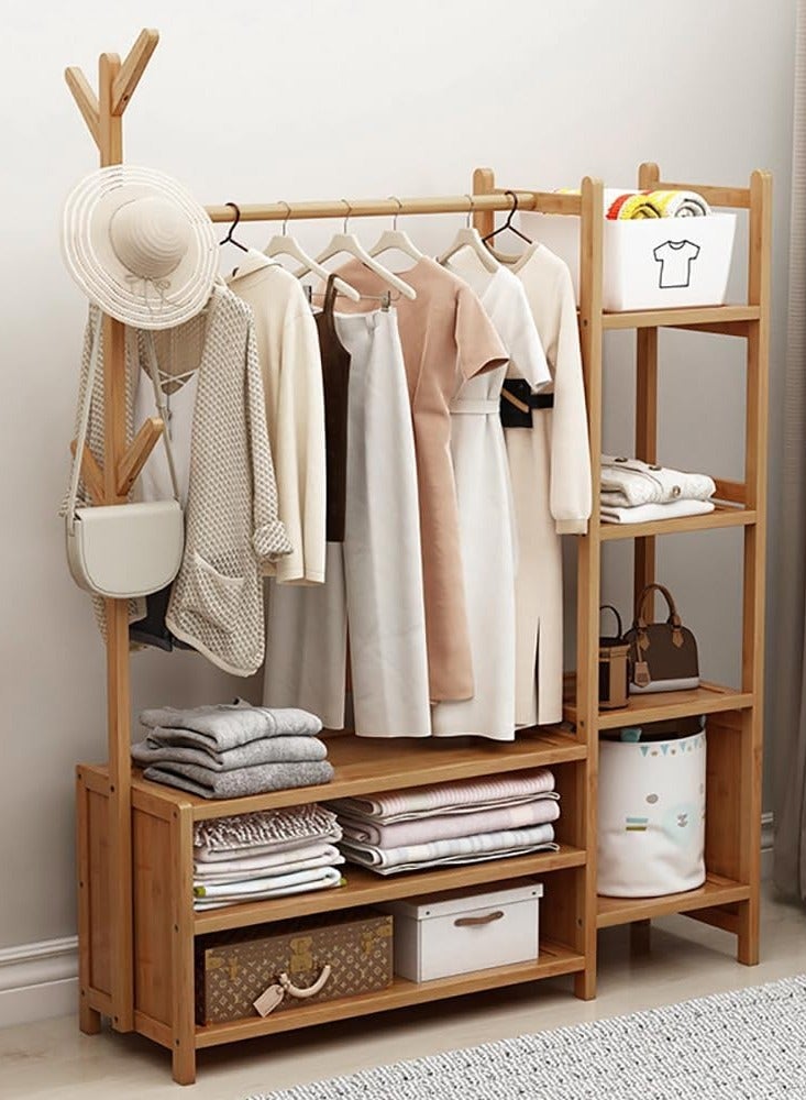 Bamboo Clothing Rack Garment Rack Standing Coat Rack with 6 Hooks Portable Wardrobe Closet Organizer for Livingroom Bedroom  - Image 3