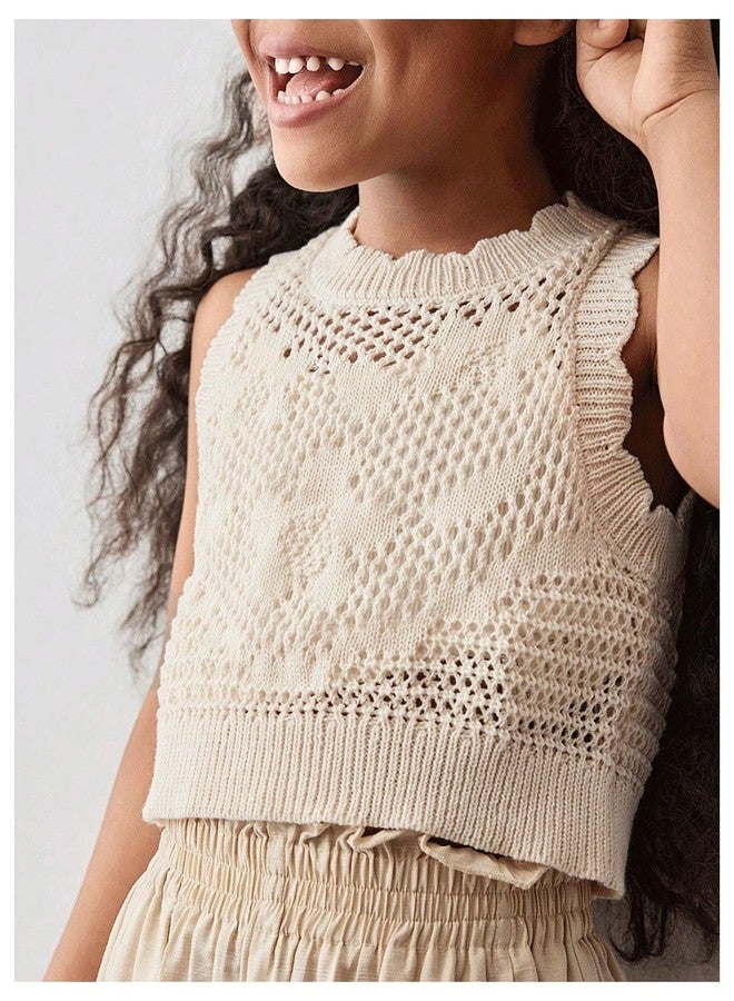 ميك ميشيك بلوزة كروشيه صيفية للبنات من MakeMeChic، بدون أكمام، قصيرة ولطيفة، لون مشمشي، مقاس 6 سنوات - Image 2